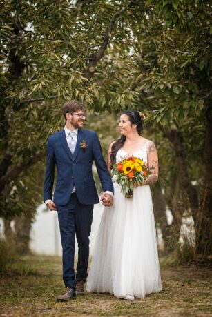 bride and groom walking together