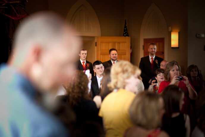 candid shot of wedding party and guests