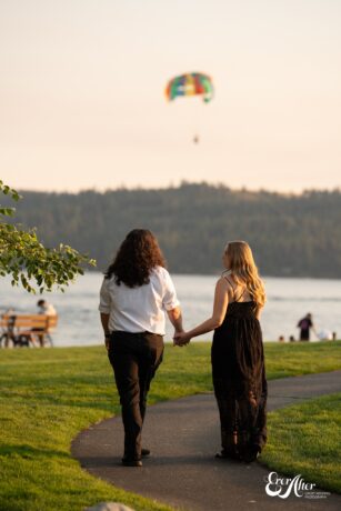bride and groom walking by the Coeur D Alene beach